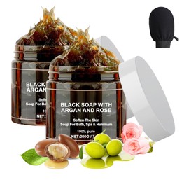 Morocco Black Soap with Argan and Rose, 200g Black Soap Bar Exfoliating Soaps, Moroccos Body Scrub with Exfoliating Glove (2)