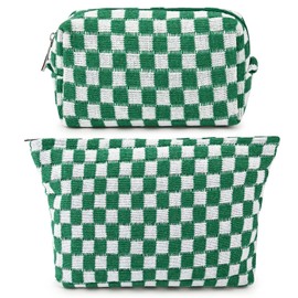 SOIDRAM 2 Pieces Makeup Bag Large Checkered Cosmetic Bag Capacity Canvas Mix Travel Toiletry Bag Organizer Cute Makeup Brushes Aesthetic Accessories Storage Bag for Women, Checkered Mix Green