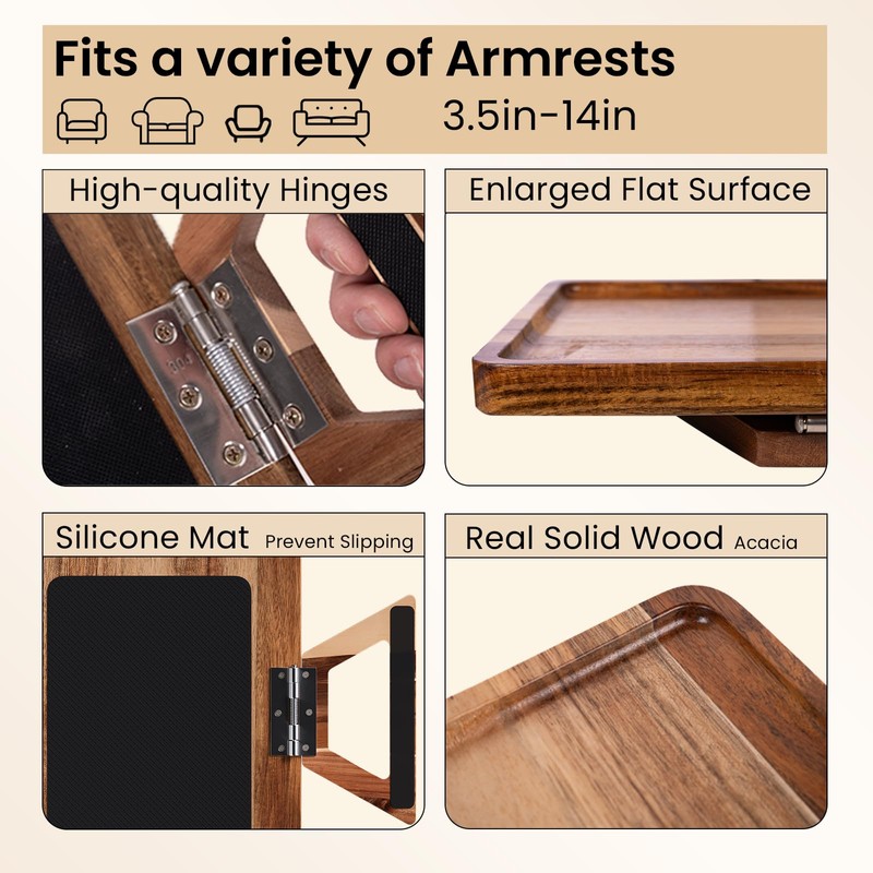 Danfoxer Acacia Wood Couch Arm Tray,Folding Sofa Armrest Tray,Couch Arm