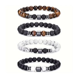 Harmi&Aur Men's 4pcs Bracelet Beads Strand Adjustable Bracelet Kit with Hematite, Obsidian, Tiger's Eye & Stainless Steel | Energy Protection & Luck | Multi-Wear Design for Men Unisex Gift