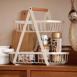 LANDTOM® 2 Tier Countertop Fruit Basket Bowl for Kitchen, Kitchen Counter Metal Wire Storage Basket Fruits Stand Holder Organizer for Bread Snack Veggies Produce Rectangular, White (E)