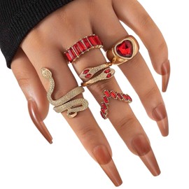 5PCS Gold Rings Set for Women Vintage Snake Knuckle Stackable Rings Bohemian Crystal Heart Finger Rings Red Rhinestone Rings Geometric Cubic Zirconia Crystal Rings Jewelry for Teen Girls Gifts (Red)