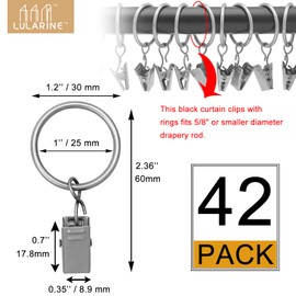 LULARINE 42 Pack Curtain Rod Clip Rings, 1" Interior Diameter, Metal, Strong Decorative Drapery Window Ring with Hooks, Rustproof Vintage-Matte Silver