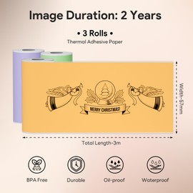 Cooljun Thermal Sticker Paper for D1 Mini Pocket Printer, 3 Rolls Regular Self-Adhesive Thermal Paper 57mm x 2.8m Compatible with All 57mm Pocket Thermal Printer (Orange Green Purple)