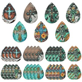 Ipotkitt 35 Pcs 7 Colors Printed Drop Wood Charms Colorful Cowboy Theme Wooden Charms Big Teardrop with Cross Charms for DIY Necklace Earrings Jewellery Making