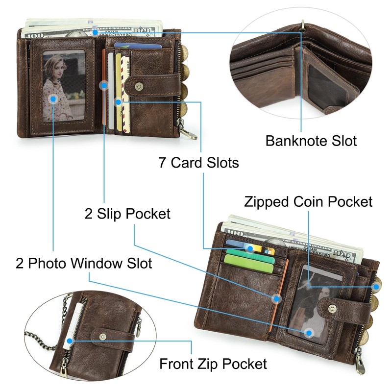 Contacts RFID Mens Wallet with Zip Pocket,Genuine Leather Bifold Wallet