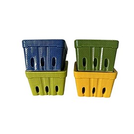 First of a Kind Stoneware Berry Baskets - Set of 4 Berry Containers Bowl - Multicolor - 4.25 Inch Square kitchen Fruit Basket, Farmhouse Ceramic Berry Basket Bins for Veggie, Berry & Fruits (Style 8)