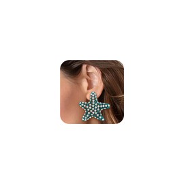 Flyonce Starfish Earrings for Women Ocean Lover Fashion Large Studs, Sparkly Crystal Summer Beach Vacation Vintage Big Stud Blue