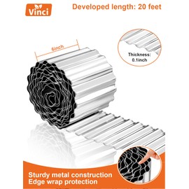 Vinci Garden Landscape Edging Border, 6 Inch x 20 FT Corrugated Sturdy Metal Easy Installation Safe Hemmed Lawn Garden Border Edges for DIY Flower Beds, Pathways and Patio Design (Silver)