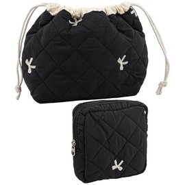 RP Remarkable Power, 2 Pack Small Cotton Quilted Makeup Bag Set Coquette Drawstring Cosmetic Organizer for Women