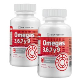 HEALTHADDICTION - 2 Pack Suplemento Omega 3, 6, 7 y 9 – 120 Cápsulas de 760mg c/u con Aceite de Pescado, Linaza, Oliva y Vitamina E – Suplemento Alimenticio (2 Envases)