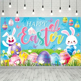 71'' x 43'' Happy Easter Banner, 71'' x 43'' Easter Party Background for Bunny Egg Home Party Decorations