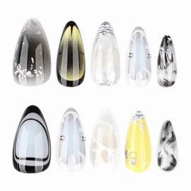 BABALAL Acrylic Press on Nails Almond Medium Fake Nails Black Yellow False Nails Glue-on Sliver Design Y2k with Metallic 24Pcs Full Cover Custom Thick for Women Girls