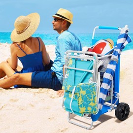 2-in-1 Beach Cart with Big Wheels for Sand, Folding Utility Wagon with Chair Holder, Cooler Bag, Mesh Storage, 4 Cup Holders, Umbrella Rack, Supports 100 lbs, Ideal for Beach Camping Shopping