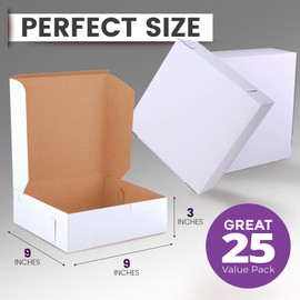 Fit Meal Prep [25 Pack] Pastry Boxes 9x9x3 White Bakery Box for Cookies, Compostable Kraft Paper Cardboard for Baked Goods Packaging, Cake, Food, Donut, Cupcake, Candy, Bread, Bridesmaid Gift Box