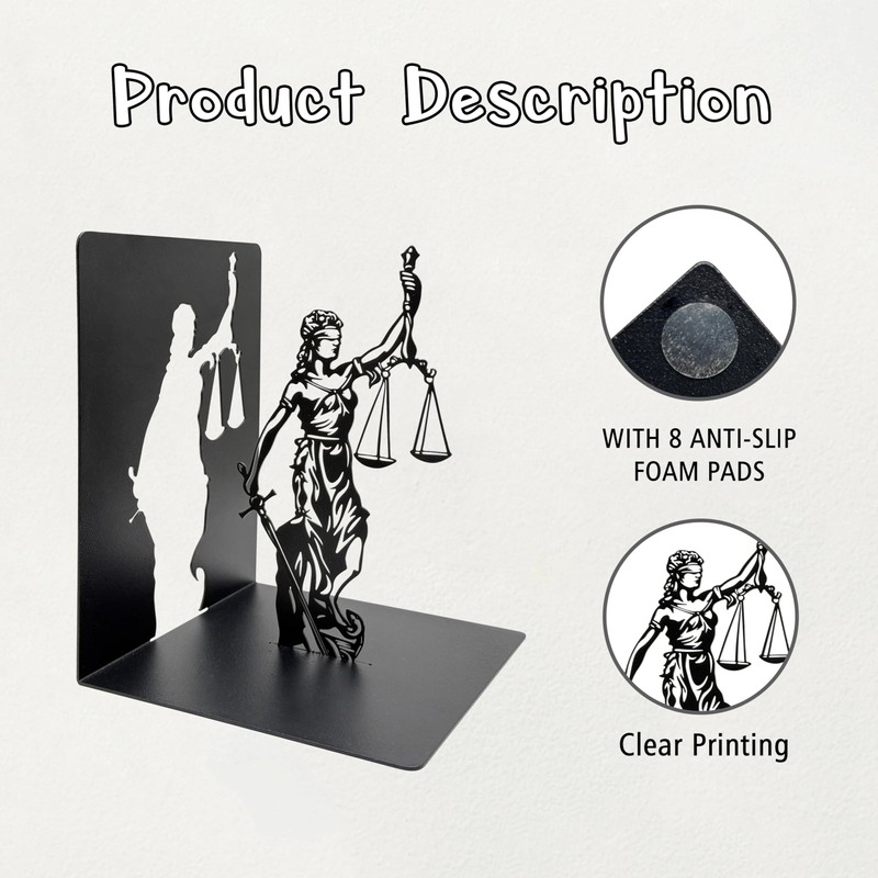 Lady Justice Statue Bookends - Metal Scales of Justice Decor