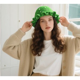 Hshsclth Women Starry Pearl Crochet Hat Handmade Beaded Trim Knitted Bucket Hats Solid Color Fashion Ruffled Brim Bucket Hat (US, Alpha, One Size, Green)