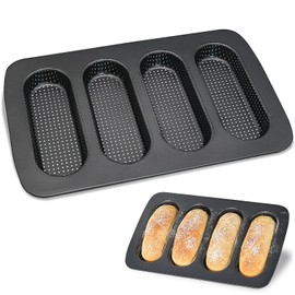 Stainless Steel Mini Baguette Baking Tray, 34.7 x 21.5 x 3 cm, Non-Stick Bun Baking Mould, 4 Cells, Hot Dog Bun Mould, 18 x 7 cm, Baking Mould, Metal Baguette Mould, Bread Crisping Tray