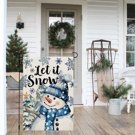 CROWNED BEAUTY Winter Snowman Garden Flag Let It Snow 12x18 Inch Double Sided Small Burlap Holiday Snowflakes Blue Flag for Outside Yard Decoration CF1644-12