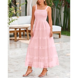 PRETTYGARDEN Women's Summer Dresses 2025 Sleeveless Smocked Tiered Ruffle Tulle A-Line Flowy Wedding Party Maxi Dress(Light Pink,Small)