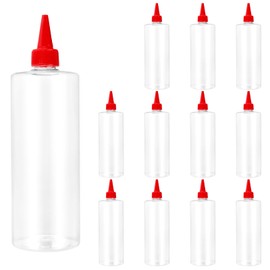 TAICHEUT 12 PCS 16 oz Plastic Squeeze Bottles, Small Ketchup Bottles Squeeze with Twist Top Cap, Round Clear Condiment Squeeze Bottles for Ketchup Sauces