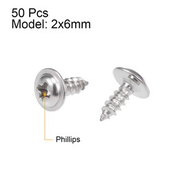 sourcing map 2x6mm Self Tapping Screws Phillips Pan Head with Washer Screw 304 Stainless Steel Fasteners Bolts 50Pcs