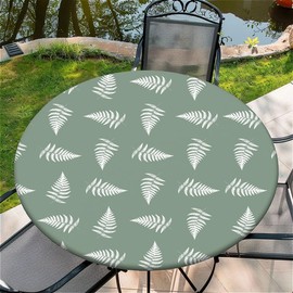 artslion Outdoor Round Tablecloth with Elastic Band 52In (130Cm) Elastic Garden Table Cover Wipe Clean with White And Green Grass Pattern
