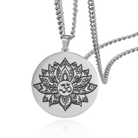 SIPURIS Lotus Flower Necklace for Men Women Om Ohm Symbol Yoga Buddhist Pendant Stainless Steel Vintage Mandala Pendant Necklace Spiritual Jewelry Gift, 40*35mm, Stainless Steel, No Gemstone