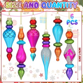 Teenyyou 6 Pcs Large 7.1inch Christmas Finials Glass Vintage Ornament Glass Finial Christmas Hanging Ornaments for Holiday Xmas Tree Decoration