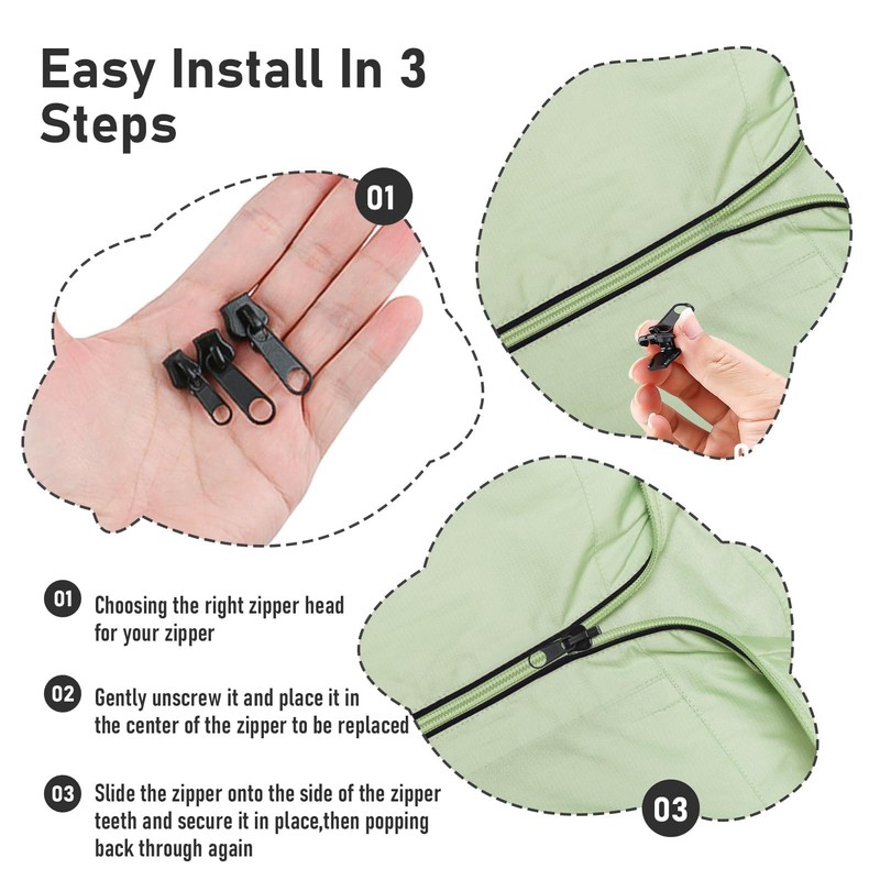 6PCS Zipper Repair Kit, Zip Puller Replacement Set, 3 Sizes