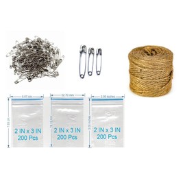 150-Piece Assorted Safety Pins Set (3 Sizes) 200 Pices Self-Locking Clear Plastic Bags, 2 x 3 inches with Free 25 ft Natural Jute Twine – Combo Perfect for Crafting, organizing, Packaging.