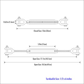 Hot Dipped Galvanized Steel Jaw and Jaw Turnbuckle, 1/2" x 6"Turnbuckle Heavy Duty, 2200 lbs Working Load Limit, 1/2" Threaded Diameter x 6 - Durable, Weather Resistant Turnbuckles