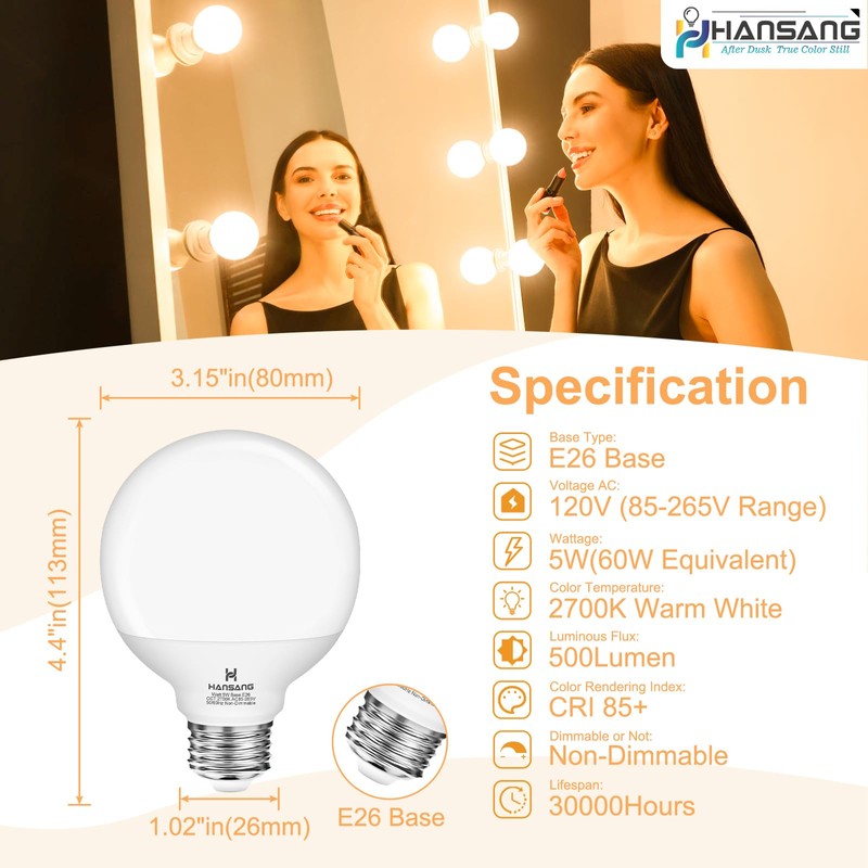 hansang G25 LED Vanity Light Bulb 5W (60W Incandescent Equivalent)