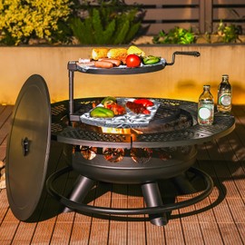 36 Inch Fire Pit with 2 Cooking Grills,Outdoor Wood Burning BBQ Firepit with Lid, 3-in-1 Outdoor Fire Pit for Backyard Deck Bonfire Patio Picnic(Black)