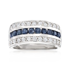 Ross-Simons 0.80 ct. t.w. Sapphire and .65 ct. t.w. White Topaz Multi-Row Ring in Sterling Silver. Size 8