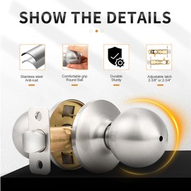 Probrico 3 Pack Door Locks Round Privacy Door Knobs Keyless Interior,Ball Shape Door Locksets for Storage Room Bedroom Bathroom in Brushed Nickel Finish