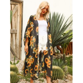 Hibluco Women's Long Floral Kimono Printed Cardigan Sheer Swimsuit Cover Ups