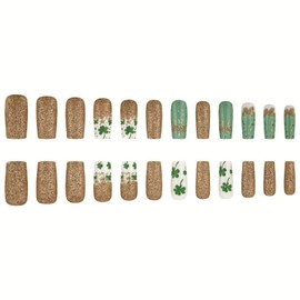 24Pcs St. Patrick's Day Press on Nails Short Square Gold Clover Fake Nails French Glitter Nails Full Cover Gradient Green White Nails Design Acrylic False Nails for Women Girls Nails Kit (M)