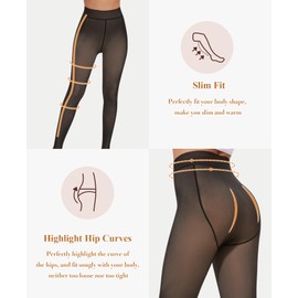 RISSCAN Fleece Lined Tights for Women Opaque Warm Control Top Pantyhose Thermal leggings Stirrup Footed Tights for Winter(85g No Fleece Translucent Black Footed,M)