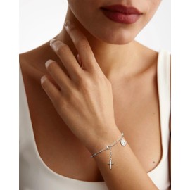 TEN MIRO Silver Bracelets for Women Non Tarnish,Silver Cross Bracelets for Wome,Womens Silver Bracelet Waterproof Cross Bead Charm Link Chain Bracelet Jewelry Gifts for Womens Trendy