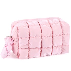 URSKYTOUS Quilted Makeup Bag for Women Girls Large Pink Cosmetic Bag Cute Puffer Aesthetic Zipper Makeup Pouch for Purse Portable Waterproof Travel Toiletry Bag Makeup Brushes Skincare Bag Organizer