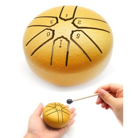 Anvin Mini Steel Tongue Drum 3 Inch 6 Notes Metal Hand Drum with Drum Mallets Music Book Rain Drum Sound Healing Instruments for Meditation Yoga Zen Entertainment Gifts(Gold)