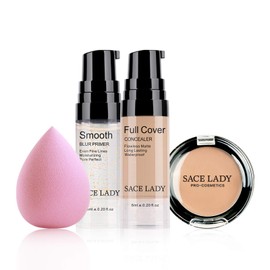 Waterproof Full Coverage Concealer With Primer Sponge Set, Smooth Matte Flawless Creamy Liquid Foundation Corrector Makeup Kit for Face Eye Dark Circles Spot Acne Scar Cover (0.2Fl, Natural)