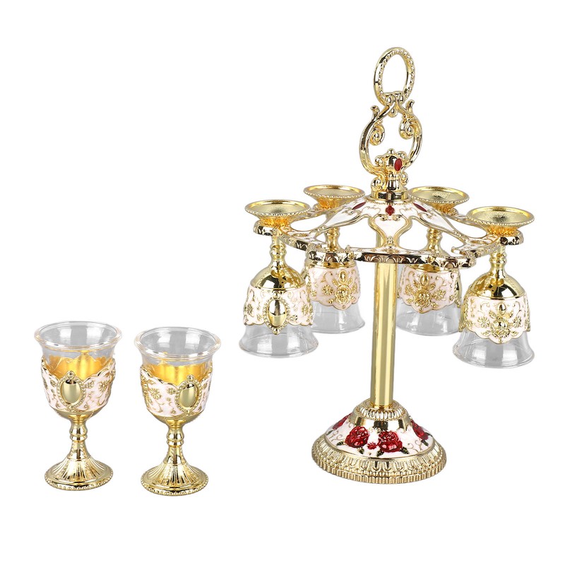 6Pcs Chinese Chalice Retro Style Zinc Alloy Glass Embossed Flower