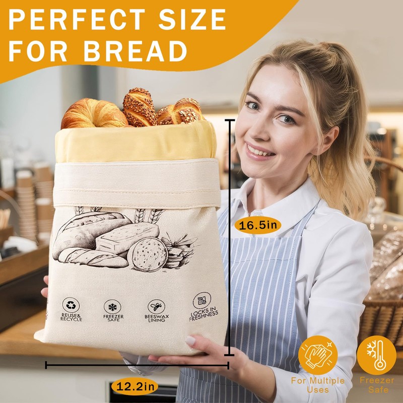 2-Pack Reusable Beeswax Bread Bags for Sourdough & Homemade Bread，Cotton