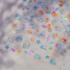 Jelly Nail Art Stickers Shiny Water Ripples Fish Starfish Design 5D Embossed DIY Manicure Decals Adhesive Slider for Women DIY Nail Art Decorations