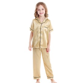 Horcute Kids Satin Short-Top and Long-Pants 2-Pieces Pajamas Sleepwears Set Gold 170# 11-12Y