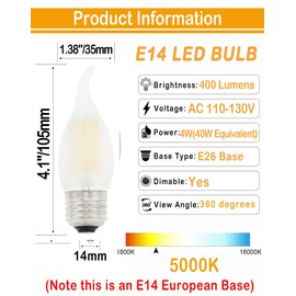 Lamsky Chandelier LED Light Bulbs 40W Equivalent E26 Base,Dimmable 4W 5000K Daylight White,B11 E26 Candelabra Bulb Frosted Flame Bent Tip Shape,6 Pack