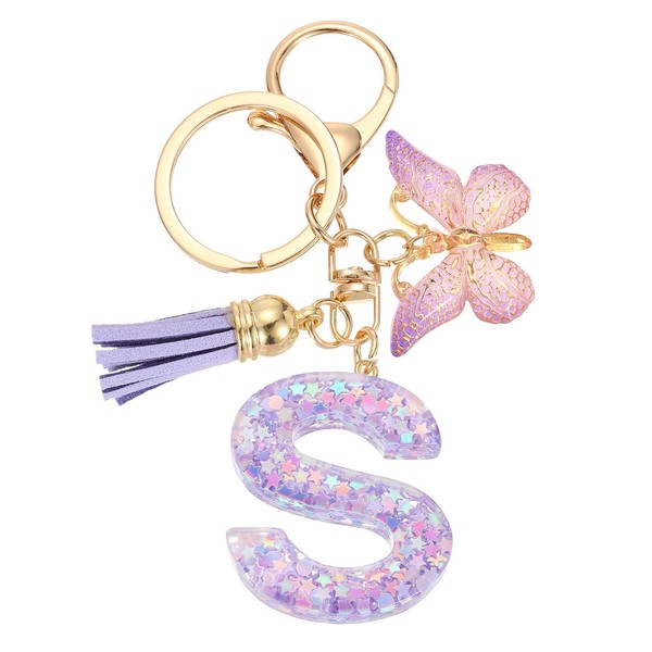 sourcing map Initial Letter Keychains, Resin Cute Butterfly Tassel Pendant