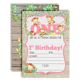 Our Little Monkey Watercolor Jungle First Birthday Party Invitations for Girls, 20 5"x7" Fill In Cards with Twenty White Envelopes by AmandaCreation